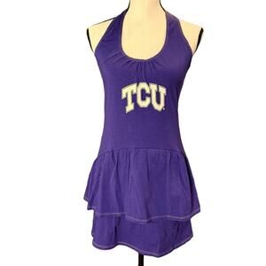 NOS Ketch the Spirit TCU Game Day Dress Womens Purple White Halter Tiered Sz S